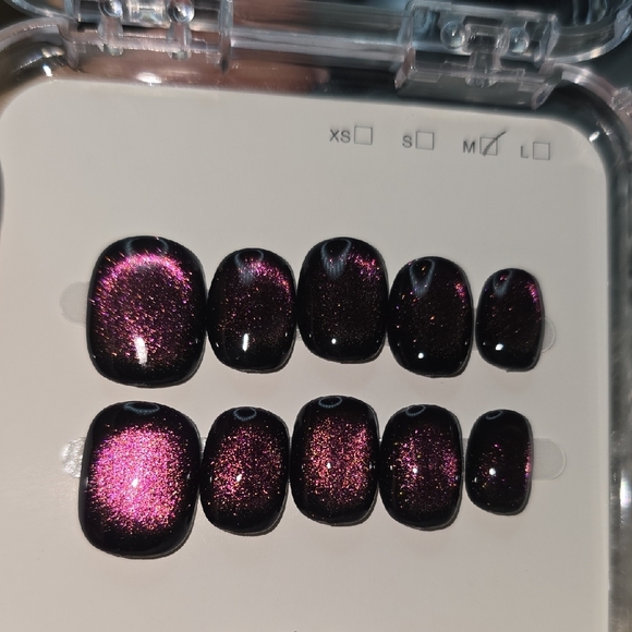 Other - Handmade Short Press On Nails Medium Black Purple Green Gold Shift Cat Eye